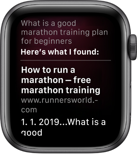 Siri odpovedá na otázku „What is a good marathon training plan for beginners“ (Aký je vhodný tréningový plán na maratón pre začiatočníkov) odpoveďou z internetu.