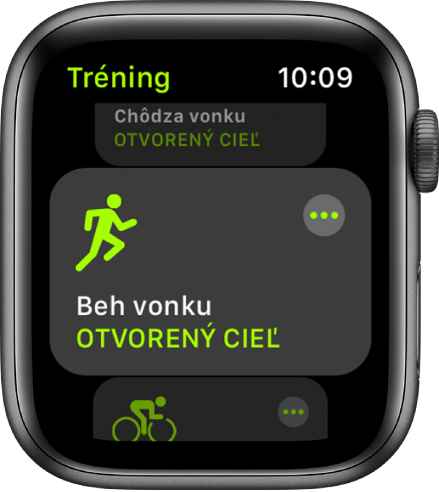 Obrazovka aplikácie Tréning so zvýrazneným tréningom Beh vonku.