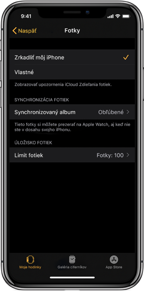 Nastavenia Fotiek v aplikácii Apple Watch na iPhone s nastavením Synchronizovaného albumu v stredu a nastavením Limit fotiek pod ním.