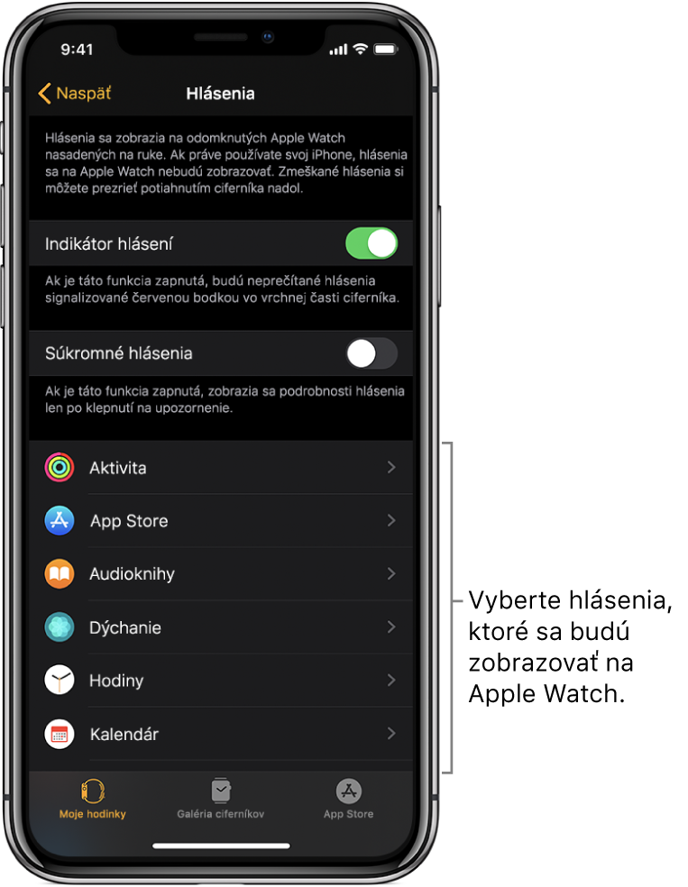 Obrazovka Hlásenia v aplikácii Apple Watch na iPhone so zobrazenými zdrojmi hlásení.