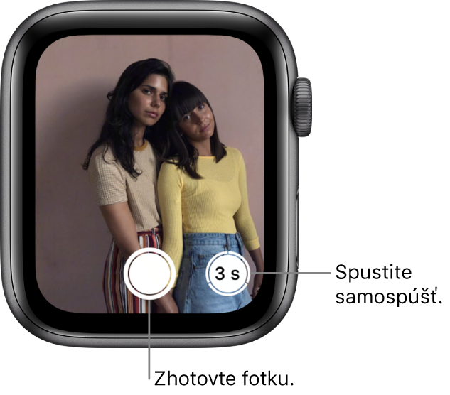 Kým sa Apple Watch používajú ako diaľkový ovládač kamery, na obrazovke je zobrazený obraz z kamery iPhonu. Tlačidlo Odfotiť sa nachádza v strednej spodnej časti, naľavo od tlačidla Odfotiť po X sekundách. Ak ste spravili fotku, tlačidlo Prehliadač fotiek je vľavo dole.