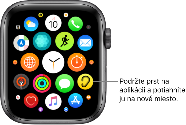 Plocha Apple Watch v zobrazení Mriežka. Text popisu je: Podržte prst na aplikácii a potiahnite ju na nové miesto.