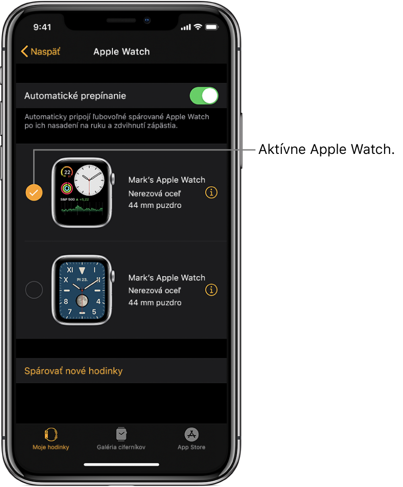 Značka odškrtnutia ukazuje aktívne Apple Watch.