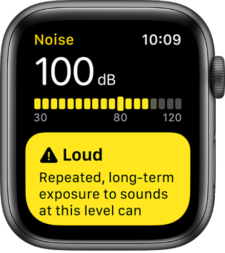 Obrazovka Hluk zobrazujúca úroveň decibelov 100 dB. Nižšie je zobrazené varovanie.
