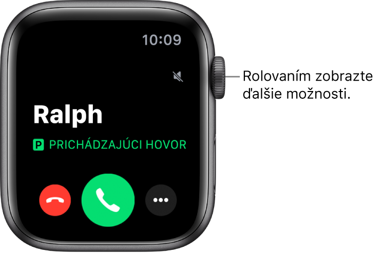 Obrazovka hodiniek Apple Watch počas prijatia hovoru: meno volajúceho, slová „Prichádzajúci hovor“. červené tlačidlo Zamietnuť, zelené tlačidlo Odpovedať a tlačidlo Viac možností.