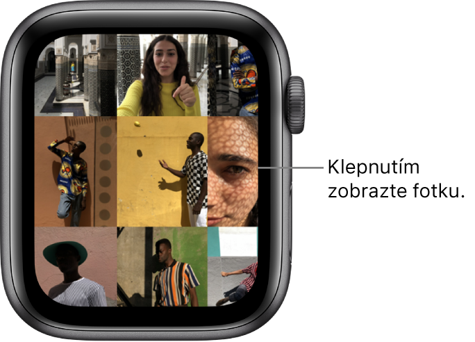 Hlavná obrazovka aplikácie Fotky na Apple Watch s niekoľkými fotkami zobrazenými v mriežke.
