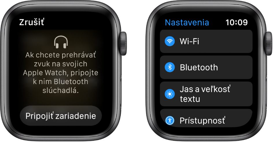 Ak zmeníte zdroj audia na Apple Watch ešte pred spárovaním Bluetooth slúchadiel alebo reproduktorov, v spodnej časti obrazovky sa zobrazí tlačidlo Pripojiť zariadenie, pomocou ktorého prejdete na nastavenia Bluetooth na hodinkách Apple Watch. Tu môžete pridať zariadenie, na ktorom sa bude prehrávať hudba.