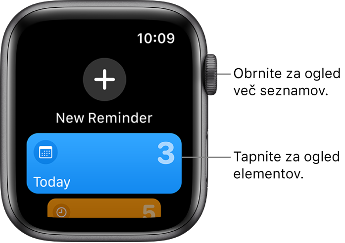 Zaslon aplikacije Reminders (Opomniki) pri vrhu prikazuje velik gumb New Reminder (Nov opomnik). Pod njim je seznam, imenovan Today (Danes). Tapnite seznam za ogled njegovih elementov ali zavrtite gumb Digital Crown za ogled več seznamov.