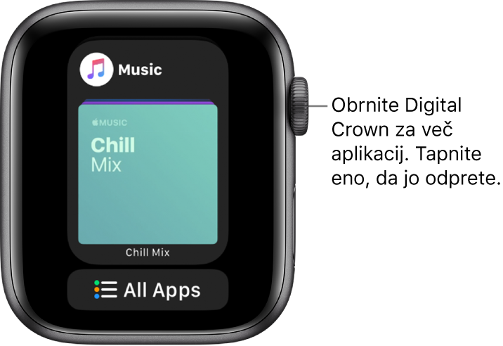 Vrstica Dock s prikazano aplikacijo Music (Glasba), pod njo pa gumb All Apps (Vse aplikacije). Obračajte gumb Digital Crown, da se prikaže še več aplikacij. Tapnite aplikacijo, ki jo želite odpreti.