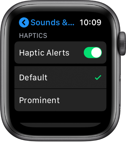 Nastavitve Sounds & Haptics (Zvoki in haptika) v uri Apple Watch s stikalom Haptic Alerts (Haptična opozorila) ter Default and Prominent options (Privzete in pomembnejše možnosti) pod njim.