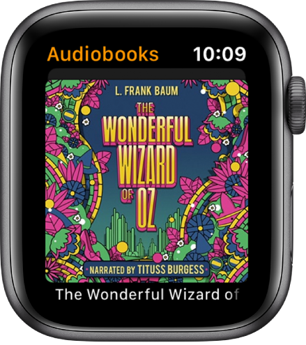 Zaslon aplikacije Audiobooks (Zvočne knjige) prikazuje naslovnico knjige.