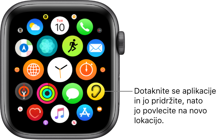 Zaslon Home (Domov) ure Apple Watch z aplikacijami v mreži. Oblaček se glasi: »Dotaknite se aplikacije in jo držite, nato jo povlecite na novo mesto.«
