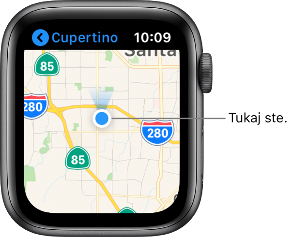 Aplikacija Maps (Zemljevidi) prikazuje zemljevid. Vaša lokacija je prikazana kot modra pika na zemljevidu. Modra pahljača nad lokacijsko piko kaže, da je ura obrnjena proti severu.