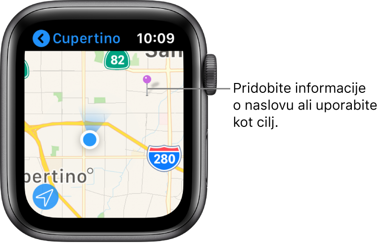 Aplikacija Maps (Zemljevidi), ki prikazuje zemljevid z vijoličnim žebljičkom, ki kaže približen naslov točke na zemljevidu ali pa ga uporabite za določanje cilja v navodilih za pot.