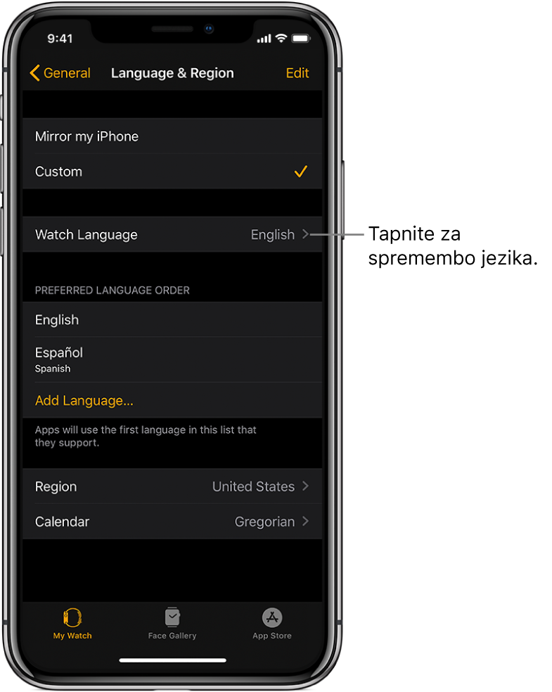 Zaslon Language & Region (Jezik in regija) v aplikaciji Apple Watch z nastavitvijo Watch Language (Jezik ure) blizu vrha.