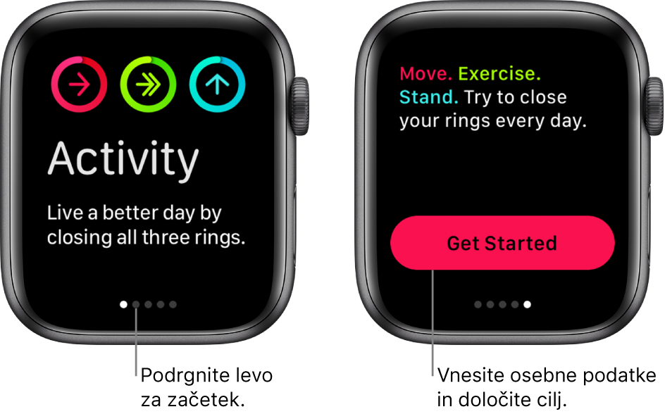 Dva zaslona: prvi prikazuje začetni zaslon aplikacije Activity (Aktivnost), drugi pa gumb Get Started (Začetek uporabe).