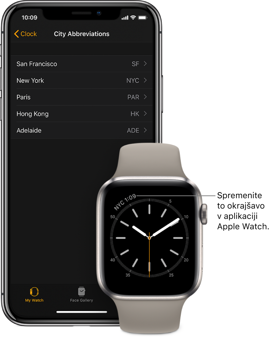 iPhone in ura Apple Watch drug ob drugem. Zaslon ure Apple Watch prikazuje čas v New Yorku z okrajšavo NYC. Zaslon iPhone prikazuje seznam mest v nastavitvah City Abbreviations (Okrajšave mest) v aplikaciji Apple Watch.