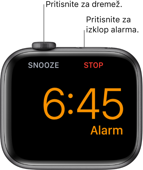 Ura Apple Watch na boku, na zaslonu pa je prikazan sprožen alarm. Pod gumbom Digital Crown je beseda »Snooze« (Dremež). Beseda »Stop« (Ustavi) je pod stranskim gumbom.
