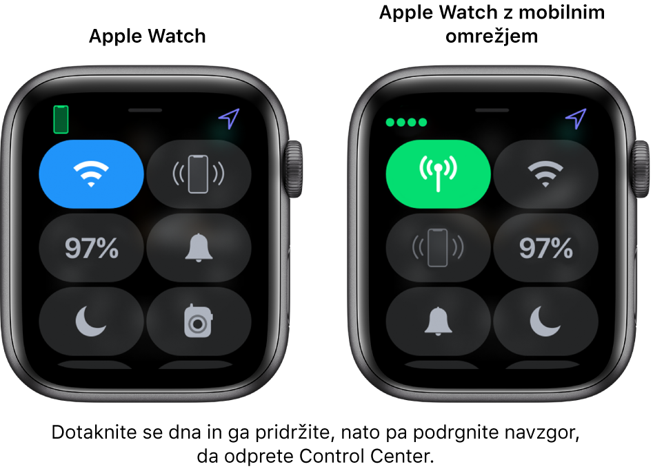 Dve sliki: Apple Watch brez mobilnega omrežja na levi s prikazom možnosti Control Center (Središče za nadzor). Gumb Wi-Fi je zgoraj levo, gumb Ping iPhone (Pingaj iPhone) zgoraj desno, gumb Battery Percentage (Odstotek baterije) na sredini levo, gumb za Silent Mode (Tihi način) na sredini desno, gumb Do not Disturb (Ne moti) spodaj levo in gumb Walkie-Talkie (Voki-toki) spodaj desno. Na desni sliki je Apple Watch z mobilnim omrežjem. Control Center (Središče za nadzor) prikazuje gumb Cellular (Mobilno omrežje) zgoraj levo, gumb Wi-Fi zgoraj desno, Ping iPhone (Pingaj iPhone) na sredini levo, Battery Percentage (Odstotek baterije) na sredini desno, Silent Mode (Tihi način) spodaj levo in Do Not Disturb (Ne moti) spodaj desno.