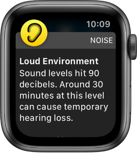 Ura Apple Watch, ki prikazuje obvestilo aplikacije Noise (Hrup). Ikona za aplikacijo, ki je povezana z obvestilom, se prikaže zgoraj levo. Tapnite ikono, da odprete aplikacijo.