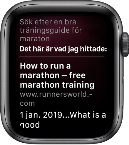 Siri svarar på frågan ”Vad är en bra träningsplan för maraton för nybörjare?” med ett svar från webben.