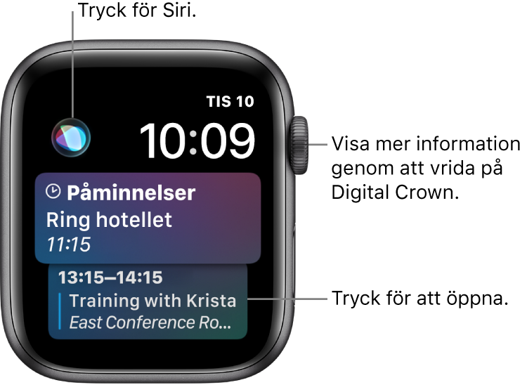 Urtavlan Siri med en påminnelse och en kalenderaktivitet. En Siri-knapp finns högst upp till vänster på skärmen. Datum och tid visas högst upp till höger.