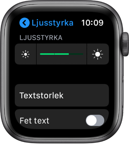 Inställningarna för ljusstyrka på Apple Watch, med skjutreglaget Ljusstyrka högst upp, knappen Textstorlek under den och reglaget Fet text längst ned.