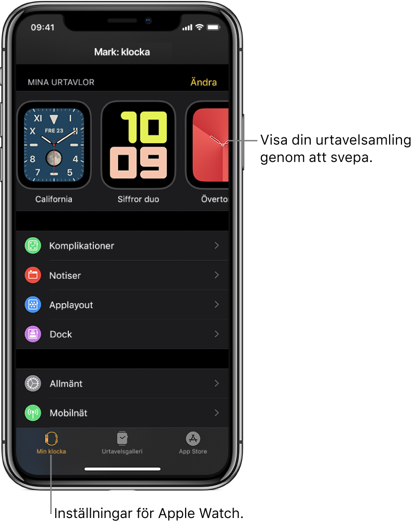 Apple Watch-appen på iPhone som visar skärmen Min klocka och dina urtavlor nästan högst upp och inställningar under det. Det finns tre flikar längst ned på skärmen i Apple Watch-appen. Fliken till vänster är Min klocka där du gör inställningar för Apple Watch. I fliken bredvid visas urtavelsgalleriet där du kan hitta urtavlor och komplikationer och nästa flik är App Store där du kan hämta appar till Apple Watch.