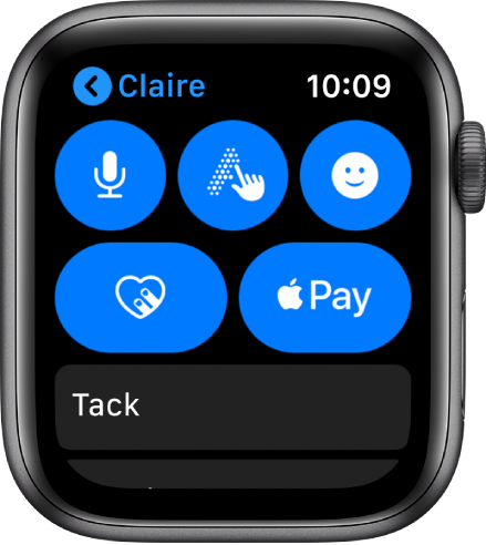 En Meddelanden-skärm med knappen Apple Pay längst ned till höger.