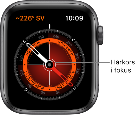 Den här kompassen visas på Apple Watch-urtavlan. Högst upp till vänster visas bäringen. Den inre cirkeln visar höjd över havet, lutning, latitud och longitud. Ett vitt hårkors visas och pekar mot nord, syd, öst och väst.