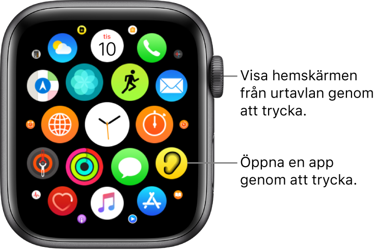 Hemskärmen i rutnätsvy på Apple Watch med appar i ett kluster. Öppna en app genom att trycka på den. Dra för att se fler appar.
