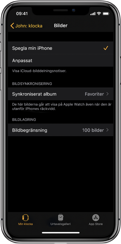 Bilder-inställningar i Apple Watch-appen på iPhone. Inställningen Synkat album finns i mitten och under den inställningen Bildbegränsning.