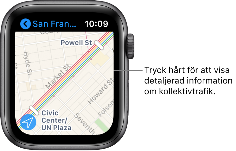 Appen Kartor med kollektivtrafikinformation, inklusive rutter och namn på hållplatser och stationer.