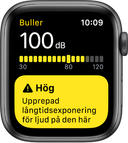 Appen Buller som visar värdet 100 dB. Nedanför visas en varning om att ljudnivån är skadlig vid längre tids exponering.