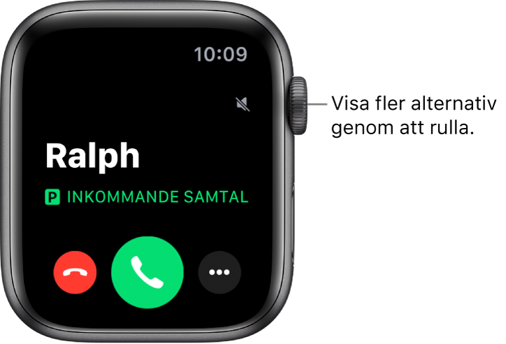 Apple Watch-skärmen när du får ett samtal: namnet på den som ringer, orden Inkommande samtal, den röda knappen Avvisa, den gröna knappen Svara och knappen Fler alternativ.