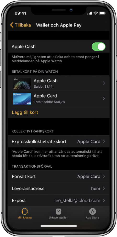 Skärmen Wallet och Apple Pay i Apple Watch-appen på iPhone. På skärmen visas kort som har lagts till i Apple Watch, det kort du har valt att använda för expresskollektivtrafik samt förvalda inställningar för transaktioner.