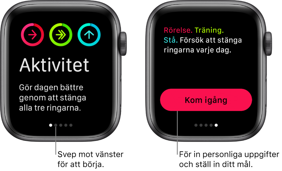 Två skärmar: en med startskärmen i appen Aktivitet och den andra med knappen Kom igång.