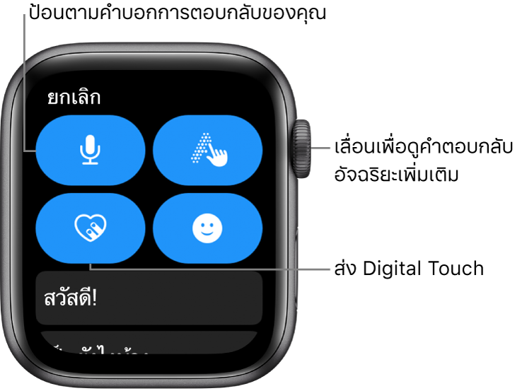 หน้าจอตอบกลับที่แสดงปุ่มป้อนตามคำบอก, เขียนด้วยนิ้ว, Digital Touch และอิโมจิ การตอบกลับอัจฉริยะอยู่ด้านล่าง หมุน Digital Crown เพื่อดูการตอบกลับอัจฉริยะ