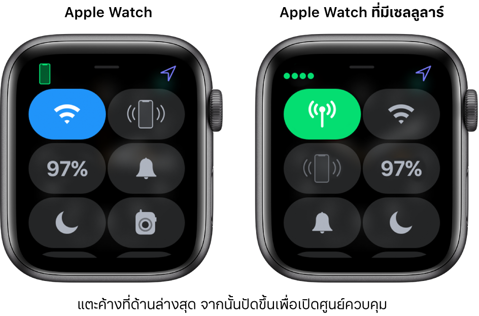 ภาพสองภาพ: Apple Watch ที่ไม่มีเซลลูลาร์อยู่ด้านซ้าย ที่กำลังแสดงศูนย์ควบคุม ปุ่ม Wi-Fi อยู่ที่ด้านซ้ายบนสุด ปุ่มส่งสัญญาณหา iPhone อยู่ด้านขวาบนสุด ปุ่มเปอร์เซ็นต์แบตเตอรี่อยู่ที่ด้านซ้ายกลาง ปุ่มโหมดปิดเสียงอยู่ที่ด้านขวากลาง ปุ่มห้ามรบกวนอยู่ที่ด้านซ้ายล่างสุด และปุ่มวอล์คกี้ทอล์คกี้อยู่ที่ด้านขวาล่างสุด ภาพด้านขวาแสดง Apple Watch ที่มีเซลลูลาร์ ศูนย์ควบคุมแสดงปุ่มเซลลูลาร์อยู่ที่ด้านซ้ายบนสุด ปุ่ม Wi-Fi อยู่ด้านขวาบนสุด ปุ่มส่งสัญญาณหา iPhone อยู่ที่ด้านซ้ายกลาง ปุ่มเปอร์เซ็นต์แบตเตอรี่อยู่ที่ด้านขวากลาง ปุ่มโหมดปิดเสียงอยู่ที่ด้านซ้ายล่างสุด และปุ่มห้ามรบกวนอยู่ที่ด้านขวาล่างสุด