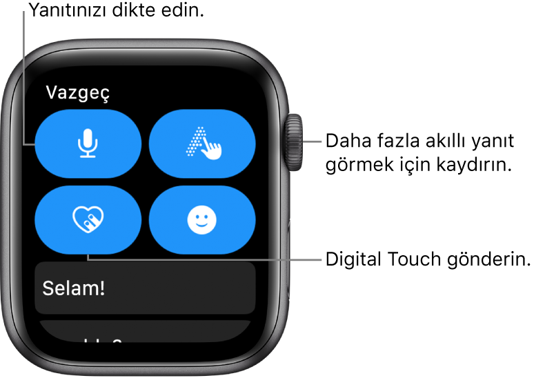 Dikte, Karalama, Digital Touch ve Emoji düğmelerini gösteren yanıtlama ekranı. Akıllı yanıtlar alttadır. Daha fazla akıllı yanıt görmek için Digital Crown’u çevirin.