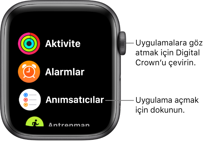 Apple Watch’ta liste şeklindeki uygulamalarla liste görüntüsündeki ana ekran. Açmak istediğiniz bir uygulamaya dokunun. Diğer uygulamaları görmek için kaydırın.