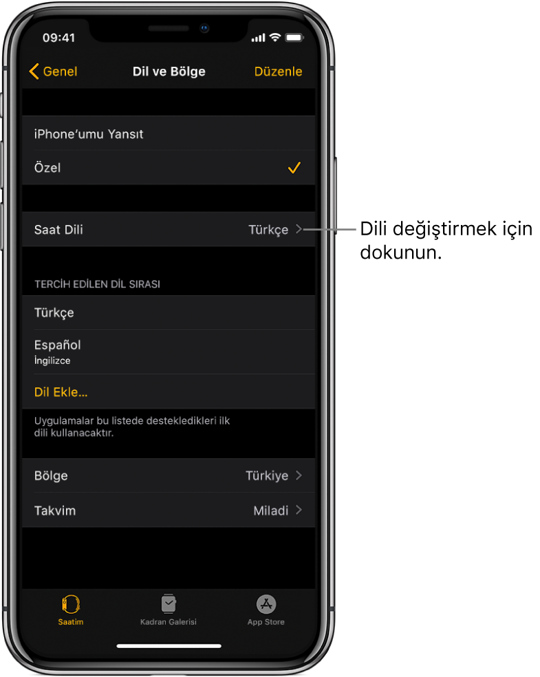 Apple Watch uygulamasının, üst tarafta Saat Dili ayarıyla Dil ve Bölge ekranı.