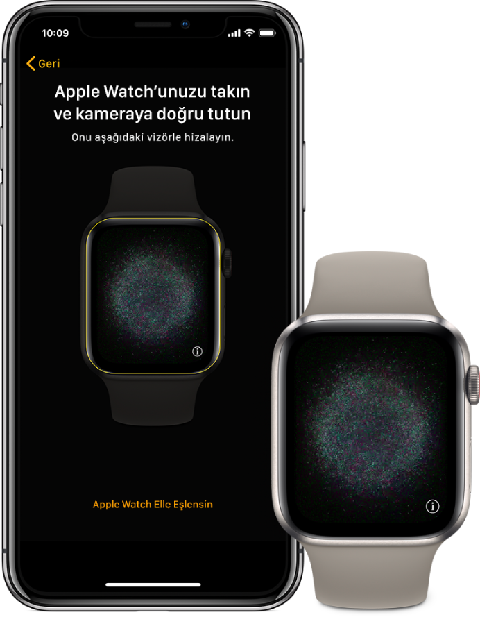 Eşlenen ekranlarını gösteren bir iPhone ve Apple Watch.
