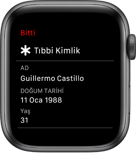 Kullanıcının adını, doğum tarihini ve yaşını gösteren Tıbbi Kimlik ekranı.