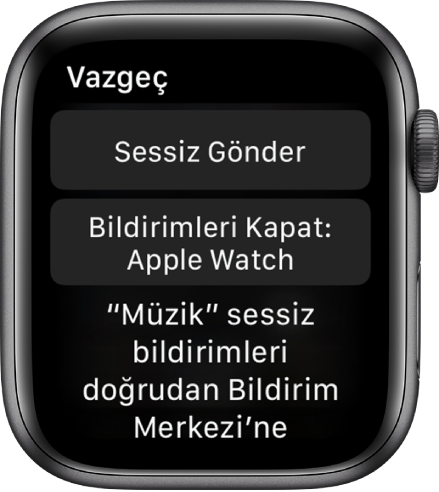 Apple Watch’taki bildirim ayarları. Üstteki düğmenin üzerinde “Sessiz Gönder”, alttaki düğmenin üzerinde “Apple Watch’ta Kapat” yazar.