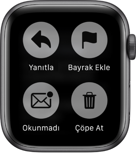Apple Watch’ta bir iletiyi görüntülerken ekrana bastığınızda ekranda dört düğme görünür: Yanıtla, Bayrak Ekle, Okunmadı ve Çöp Sepeti.