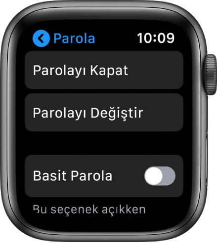 Üstte kapalı Parola düğmesi, altında Parolayı Değiştir düğmesi ve alt kısımda Basit Parola gösterilen parola ayarları.