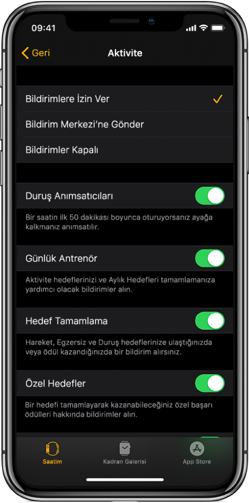 Apple Watch uygulamasında, almak istediğiniz bildirimleri özelleştirebileceğiniz Aktivite ekranı.