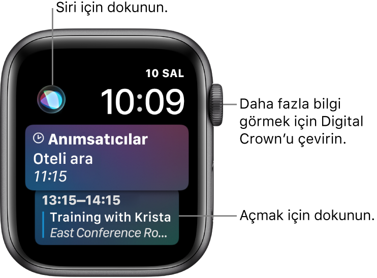 Bir anımsatıcıyı ve bir takvim etkinliğini gösteren Siri saat kadranı. Siri düğmesi, ekranın sol üst tarafındadır. Tarih ve saat sağ üsttedir.