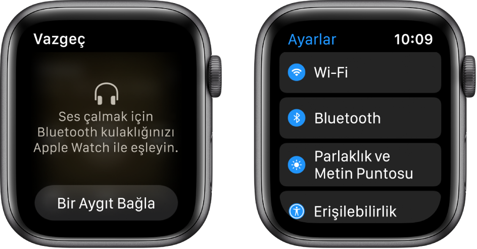 Bluetooth hoparlörü veya kulaklığı eşlemeden önce Apple Watch’unuzu ses kaynağı olarak seçerseniz ekranın alt tarafında Bir Aygıt Bağla düğmesi görünür. Bu düğme sizi Apple Watch’unuzda bir dinleme aygıtı ekleyebileceğiniz Bluetooth ayarlarına götürür.